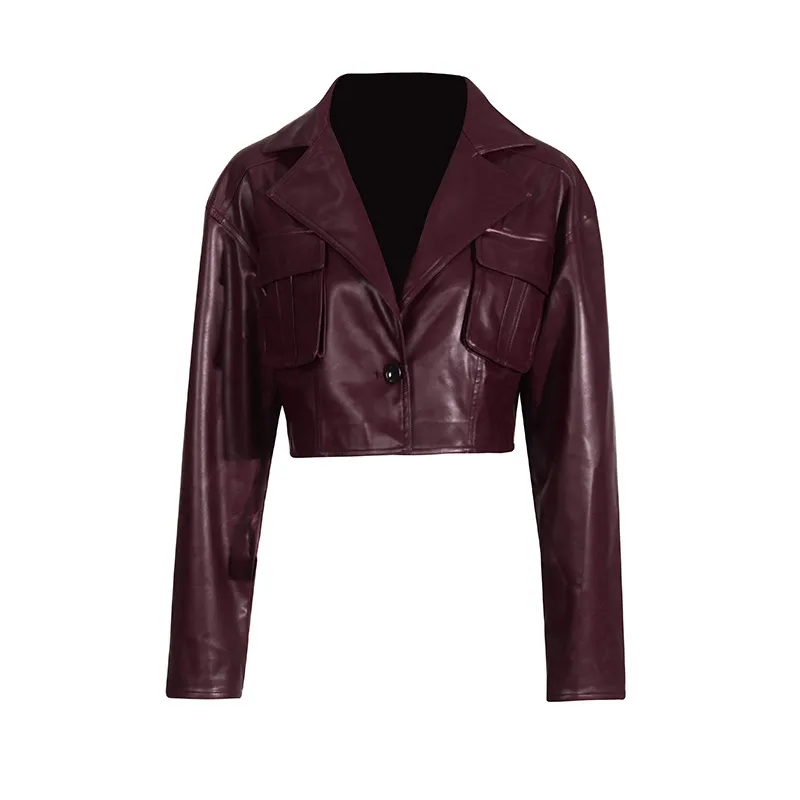 Ladies Short PU Leather Jacket Motorcycle Style Belt Design Summer New Large Collar Splicing Fashion Outerwear Long Sleeve display picture 6