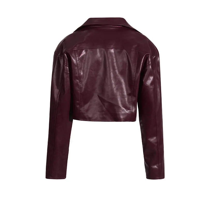 Ladies Short PU Leather Jacket Motorcycle Style Belt Design Summer New Large Collar Splicing Fashion Outerwear Long Sleeve display picture 7