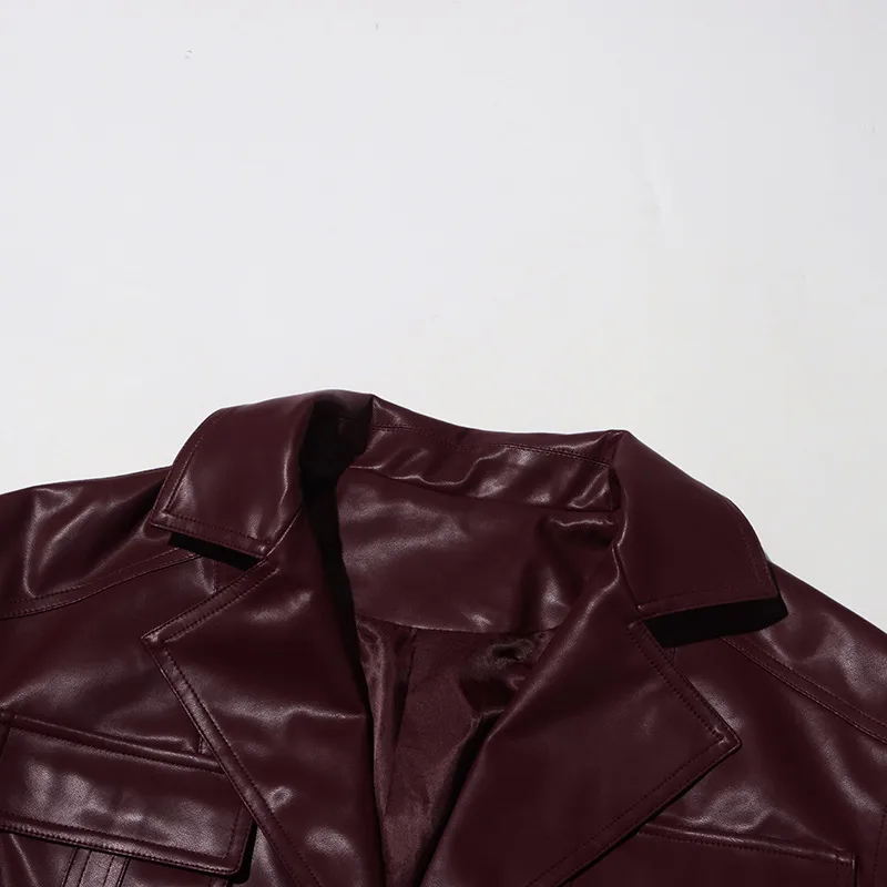 Ladies Short PU Leather Jacket Motorcycle Style Belt Design Summer New Large Collar Splicing Fashion Outerwear Long Sleeve display picture 8