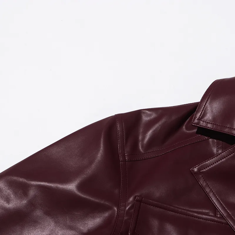 Ladies Short PU Leather Jacket Motorcycle Style Belt Design Summer New Large Collar Splicing Fashion Outerwear Long Sleeve display picture 9