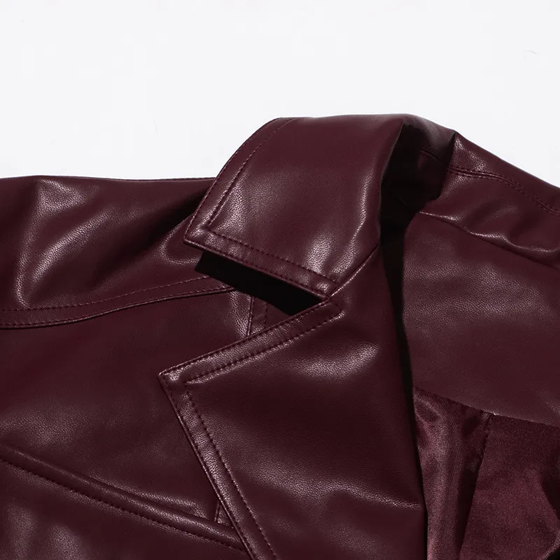 Ladies Short PU Leather Jacket Motorcycle Style Belt Design Summer New Large Collar Splicing Fashion Outerwear Long Sleeve display picture 10
