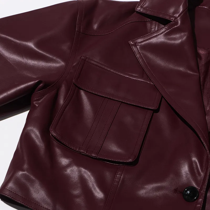 Ladies Short PU Leather Jacket Motorcycle Style Belt Design Summer New Large Collar Splicing Fashion Outerwear Long Sleeve display picture 11