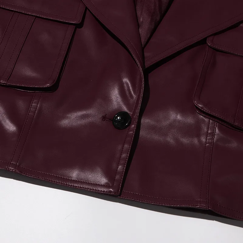 Ladies Short PU Leather Jacket Motorcycle Style Belt Design Summer New Large Collar Splicing Fashion Outerwear Long Sleeve display picture 12