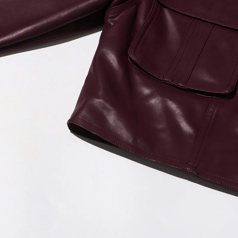 Ladies Short PU Leather Jacket Motorcycle Style Belt Design Summer New Large Collar Splicing Fashion Outerwear Long Sleeve display picture 13