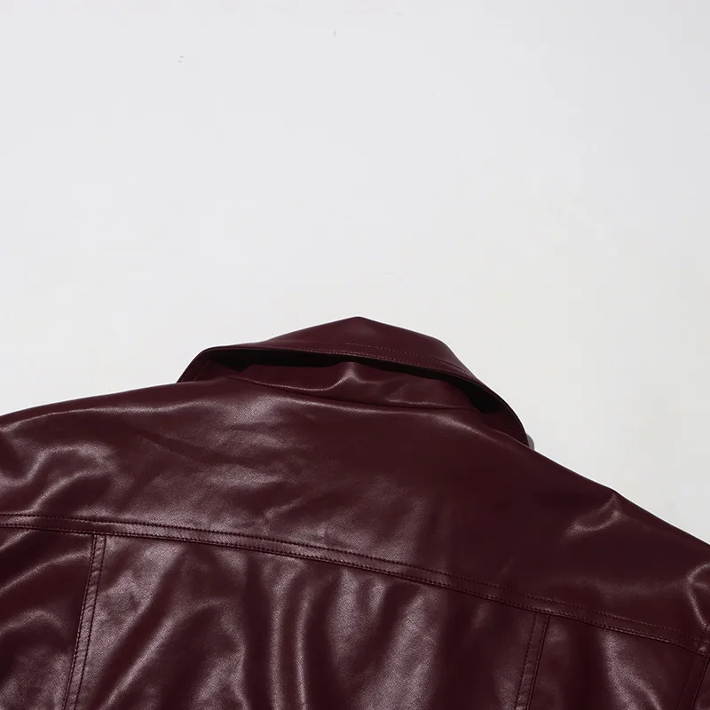 Ladies Short PU Leather Jacket Motorcycle Style Belt Design Summer New Large Collar Splicing Fashion Outerwear Long Sleeve display picture 15