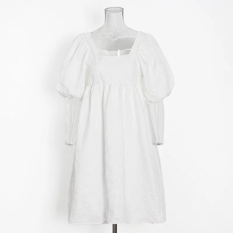 Sweet Style High Waist Puff Sleeve Square Collar Pleated Mini Dress Women's Fashion Design Spring And Summer New display picture 3