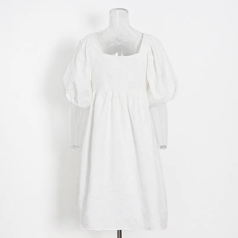 Sweet Style High Waist Puff Sleeve Square Collar Pleated Mini Dress Women's Fashion Design Spring And Summer New display picture 5