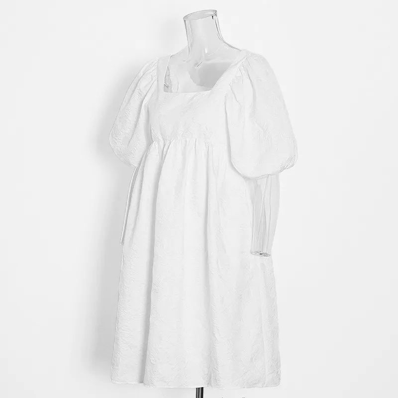 Sweet Style High Waist Puff Sleeve Square Collar Pleated Mini Dress Women's Fashion Design Spring And Summer New display picture 4