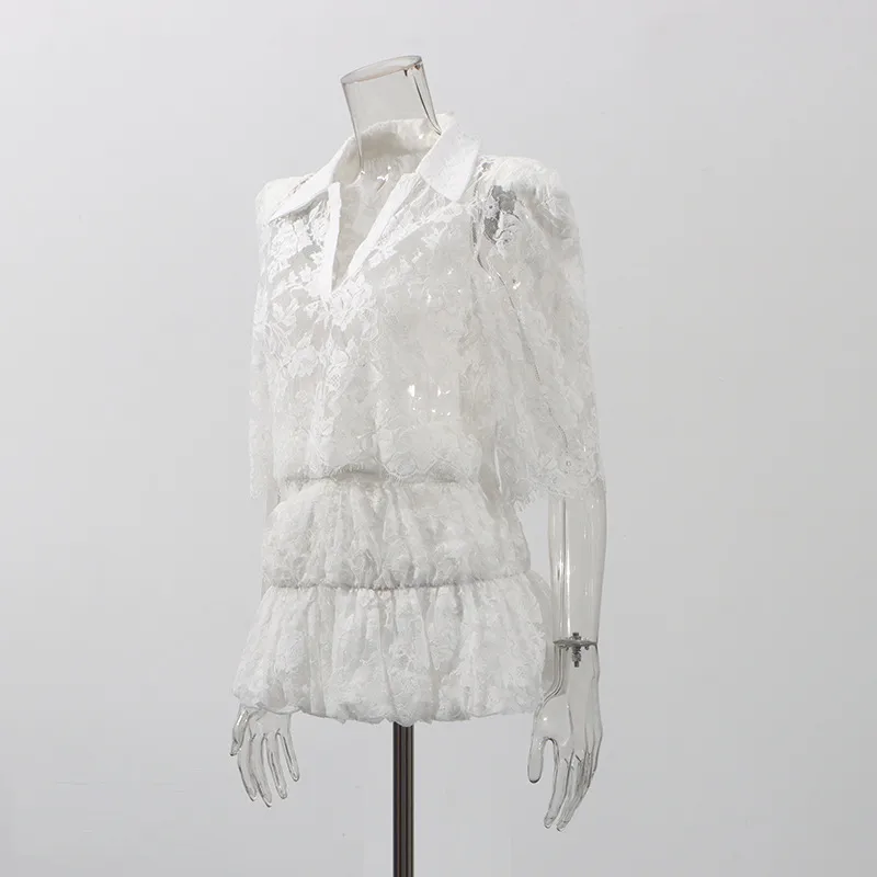 Fashionable Sexy Pure Desire Style Set New 2025 Lace Hollow Out Short Top High Waist Mini Skirt Women Casual Fashion Set display picture 3