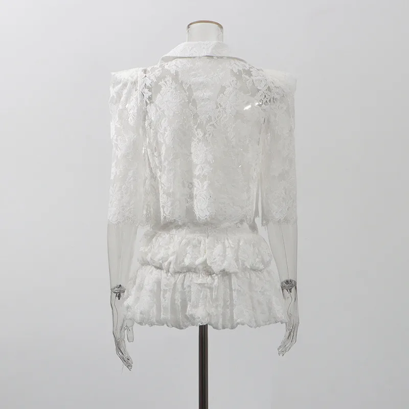 Fashionable Sexy Pure Desire Style Set New 2025 Lace Hollow Out Short Top High Waist Mini Skirt Women Casual Fashion Set display picture 4