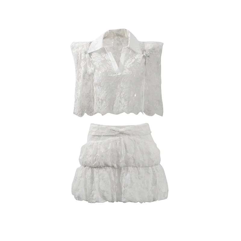 Fashionable Sexy Pure Desire Style Set New 2025 Lace Hollow Out Short Top High Waist Mini Skirt Women Casual Fashion Set display picture 9