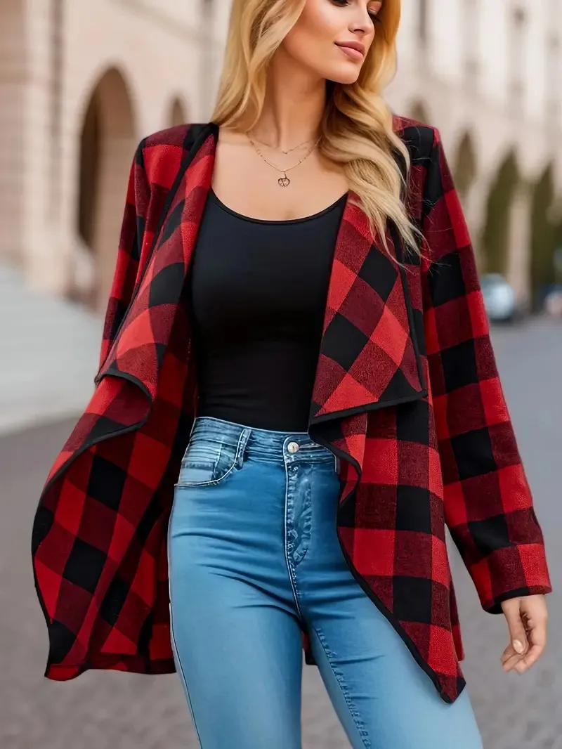 Elegant Fashion Plaid Colorblock Coat Autumn And Winter Long Sleeve Anklet Dress Elegant Style Commuter High Quality Polyester display picture 4