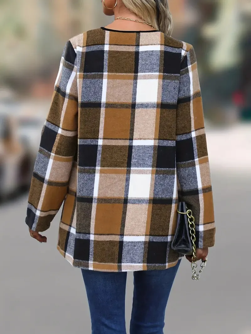 Elegant Fashion Plaid Colorblock Coat Autumn And Winter Long Sleeve Anklet Dress Elegant Style Commuter High Quality Polyester display picture 8