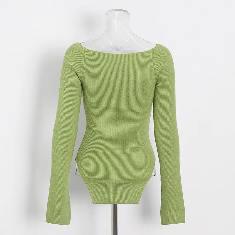 Slim Fit Long Sleeve Knitted Top V Neck Solid Color Early Autumn Fashionable Ladies' No Shoulder Sexy Commuting Style display picture 12