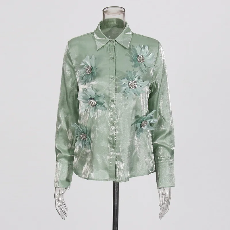 Retro Style Stand Collar Long Sleeve Women's Chiffon Shirt Floral Decoration Elegant 3D Flower Art Fashion Top display picture 3