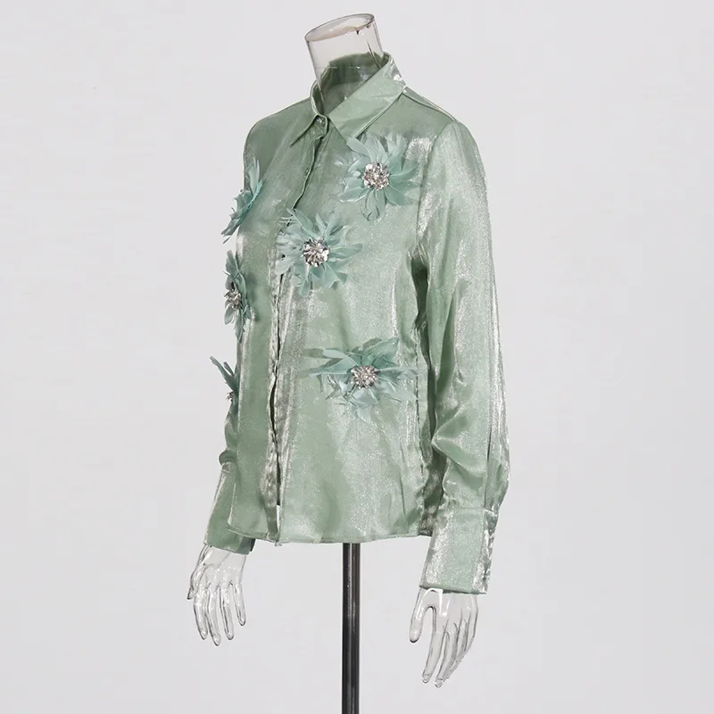 Retro Style Stand Collar Long Sleeve Women's Chiffon Shirt Floral Decoration Elegant 3D Flower Art Fashion Top display picture 4