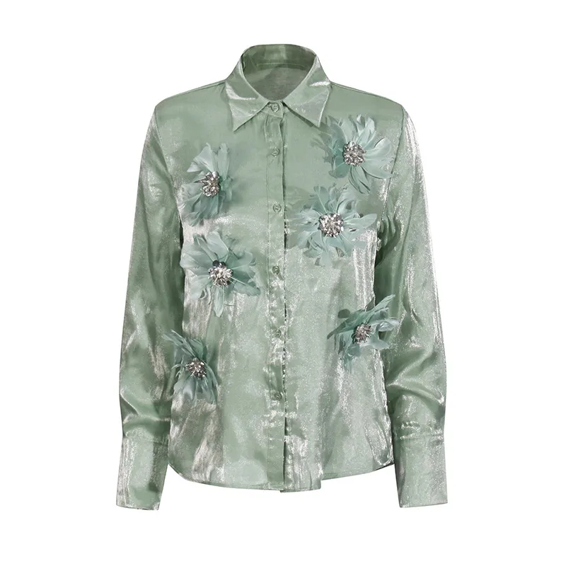 Retro Style Stand Collar Long Sleeve Women's Chiffon Shirt Floral Decoration Elegant 3D Flower Art Fashion Top display picture 6