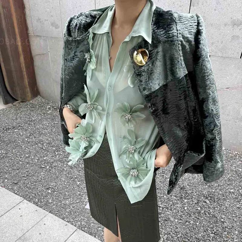 Retro Style Stand Collar Long Sleeve Women's Chiffon Shirt Floral Decoration Elegant 3D Flower Art Fashion Top display picture 2