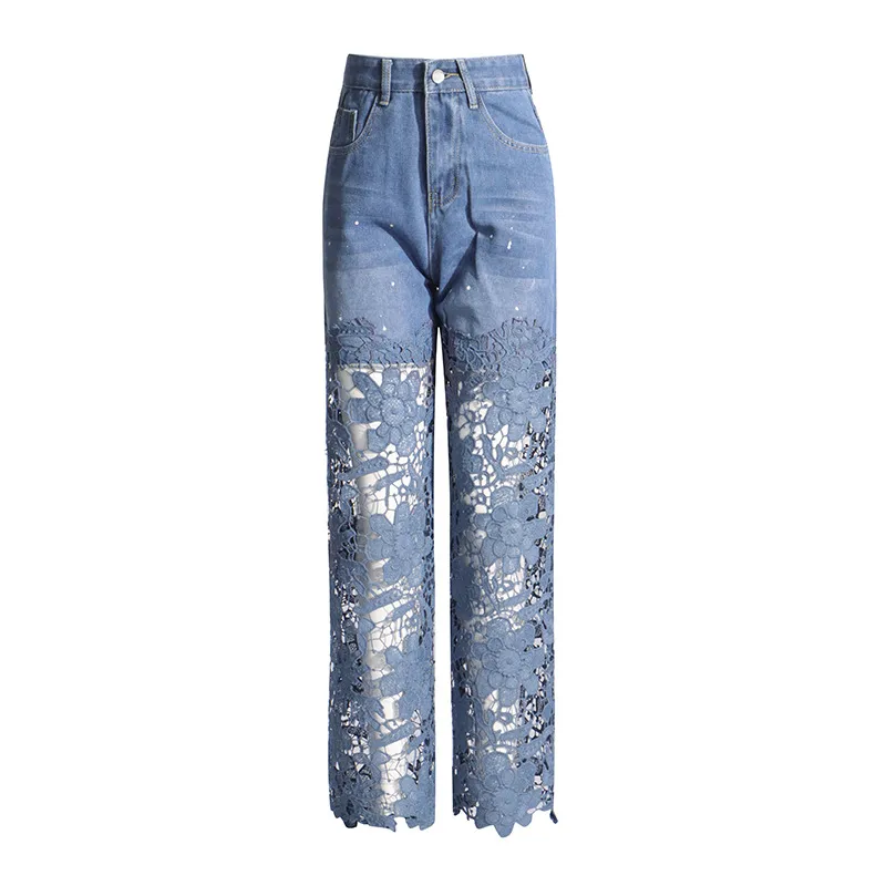 Elegant High Waist Straight Jeans Women Commuter Style Lace Design Patchwork Cotton Polyester Jeans Fashion display picture 3