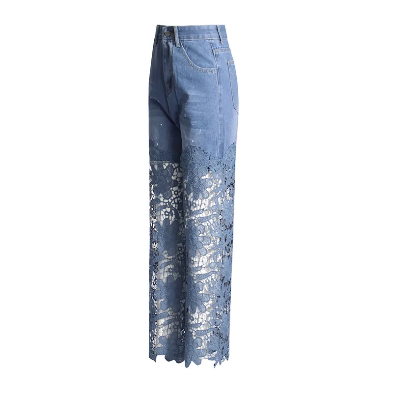 Elegant High Waist Straight Jeans Women Commuter Style Lace Design Patchwork Cotton Polyester Jeans Fashion display picture 4