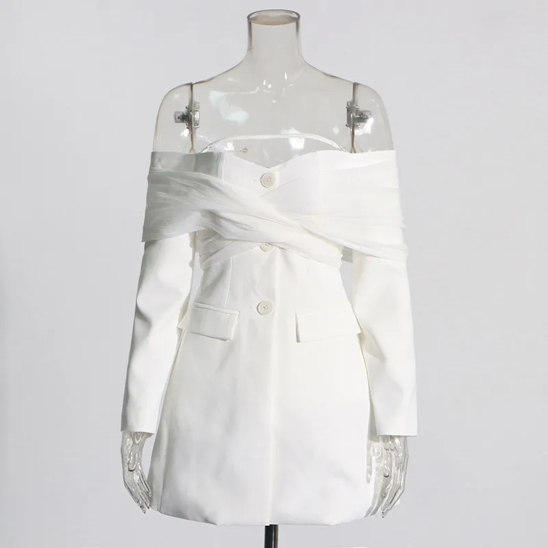 Elegant Slim Fit Single Shoulder Suit Jacket Women's High End Mesh Splice Waist Cinch Commute Style Long Sleeve Cotton Polyester display picture 3