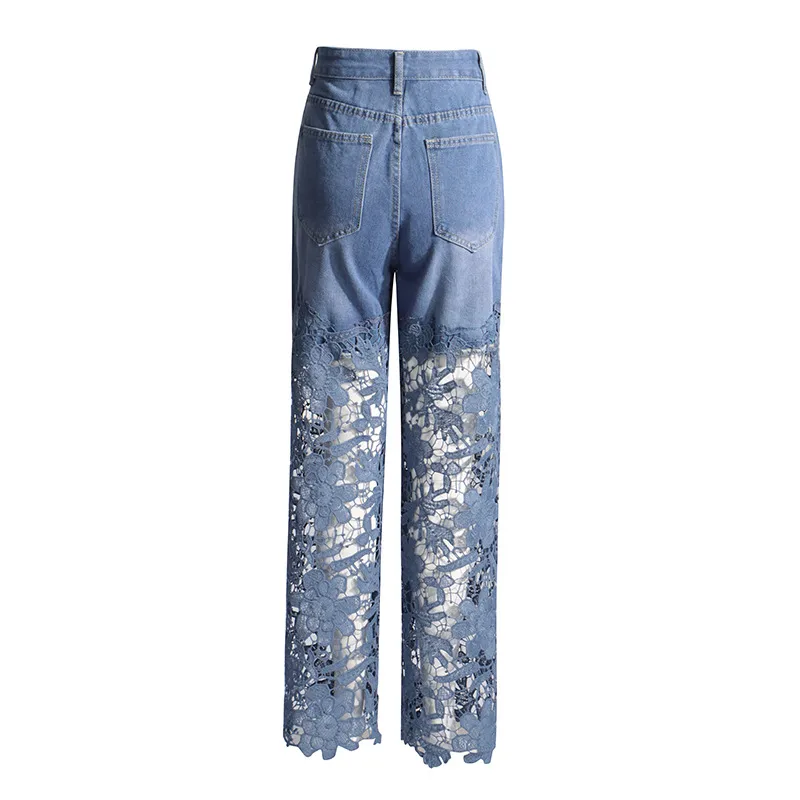 Elegant High Waist Straight Jeans Women Commuter Style Lace Design Patchwork Cotton Polyester Jeans Fashion display picture 5