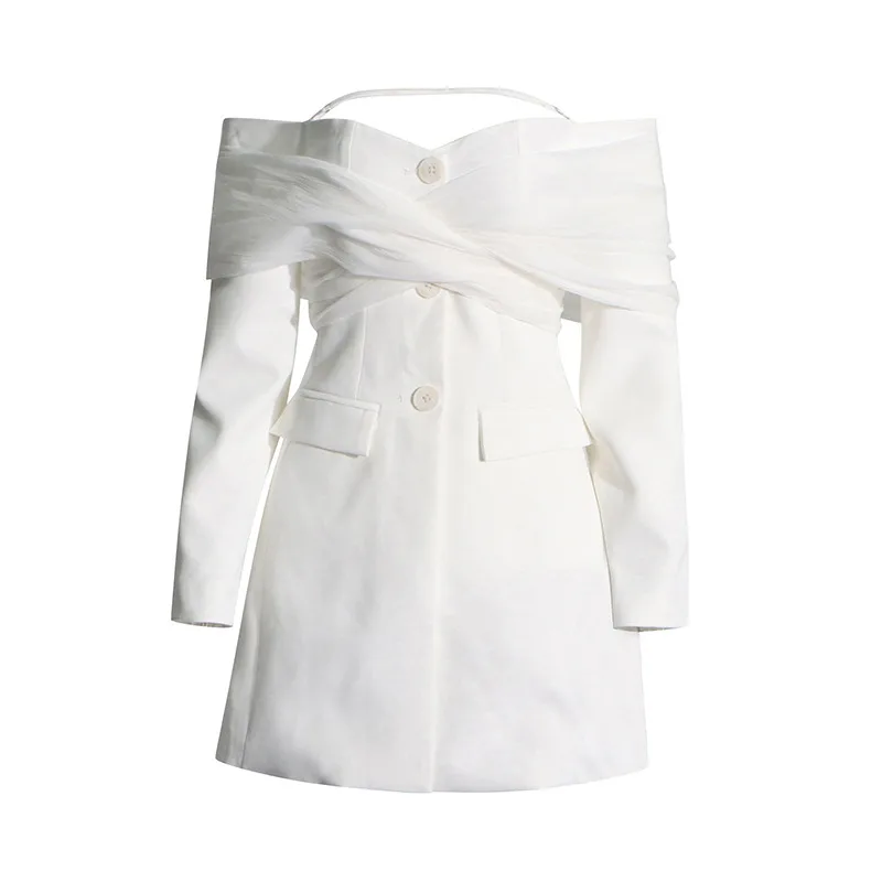 Elegant Slim Fit Single Shoulder Suit Jacket Women's High End Mesh Splice Waist Cinch Commute Style Long Sleeve Cotton Polyester display picture 11