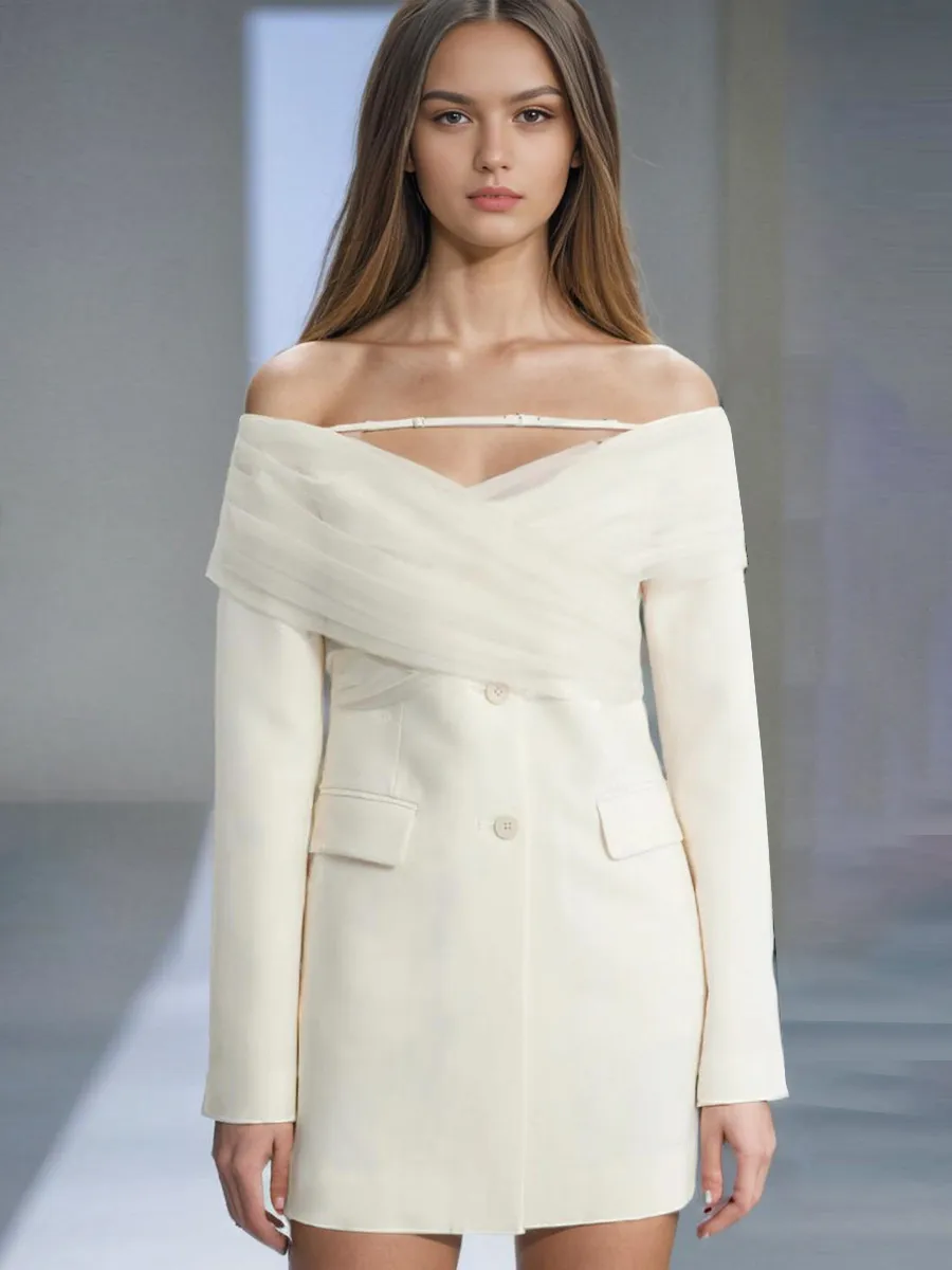 Elegant Slim Fit Single Shoulder Suit Jacket Women's High End Mesh Splice Waist Cinch Commute Style Long Sleeve Cotton Polyester display picture 2