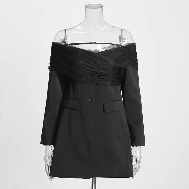 Elegant Slim Fit Single Shoulder Suit Jacket Women's High End Mesh Splice Waist Cinch Commute Style Long Sleeve Cotton Polyester display picture 6