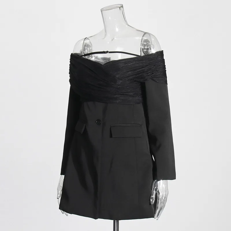 Elegant Slim Fit Single Shoulder Suit Jacket Women's High End Mesh Splice Waist Cinch Commute Style Long Sleeve Cotton Polyester display picture 7