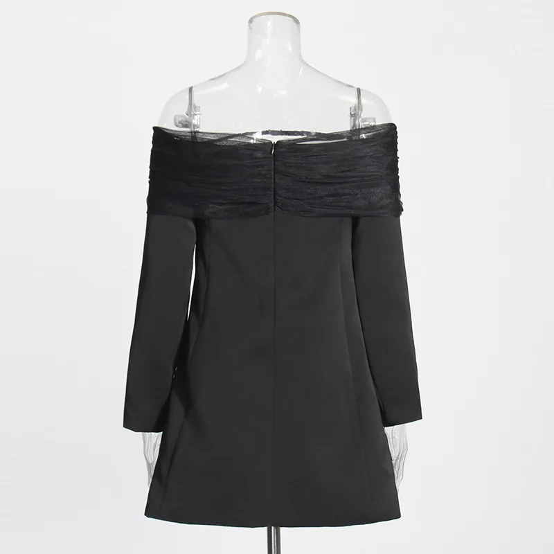 Elegant Slim Fit Single Shoulder Suit Jacket Women's High End Mesh Splice Waist Cinch Commute Style Long Sleeve Cotton Polyester display picture 8