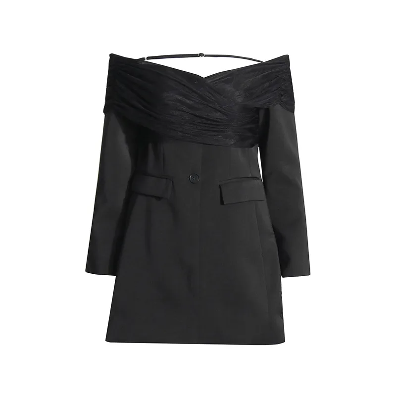 Elegant Slim Fit Single Shoulder Suit Jacket Women's High End Mesh Splice Waist Cinch Commute Style Long Sleeve Cotton Polyester display picture 9
