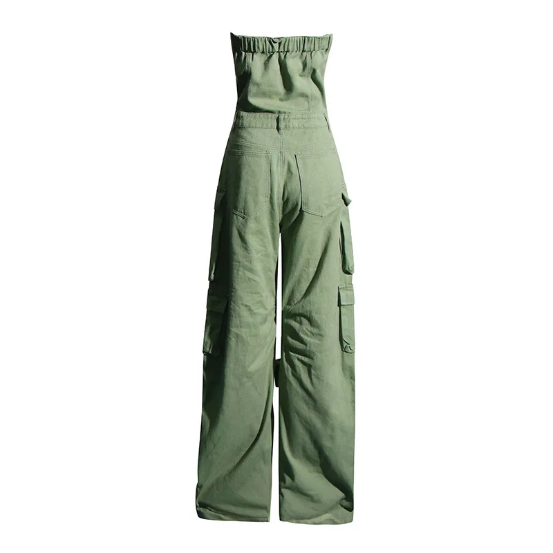 Fashion Denim Suspender Pants Women's High Waist Wide Leg Pants Multi-Pocket Short Top Style Summer New Design display picture 5