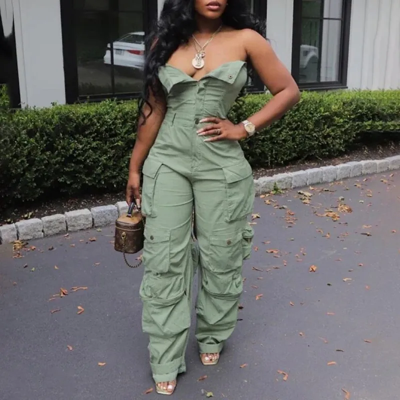 Fashion Denim Suspender Pants Women's High Waist Wide Leg Pants Multi-Pocket Short Top Style Summer New Design display picture 2