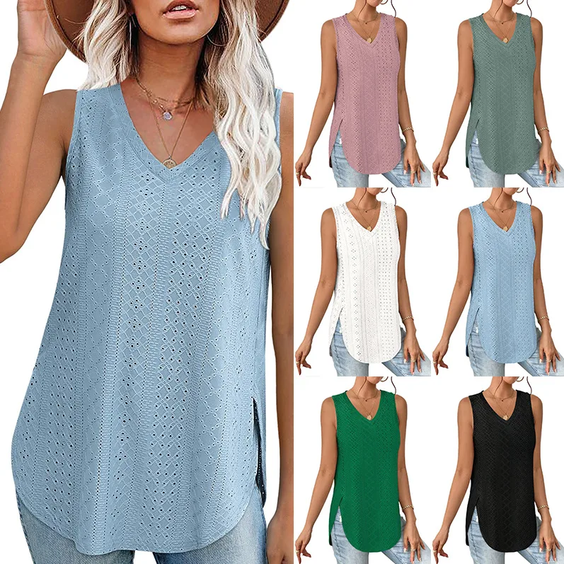Casual V-neck Sleeveless Hollow T-shirt Women's Summer Spring New Hollow Lace Trim T-shirt Loose Design Commuter Style display picture 2