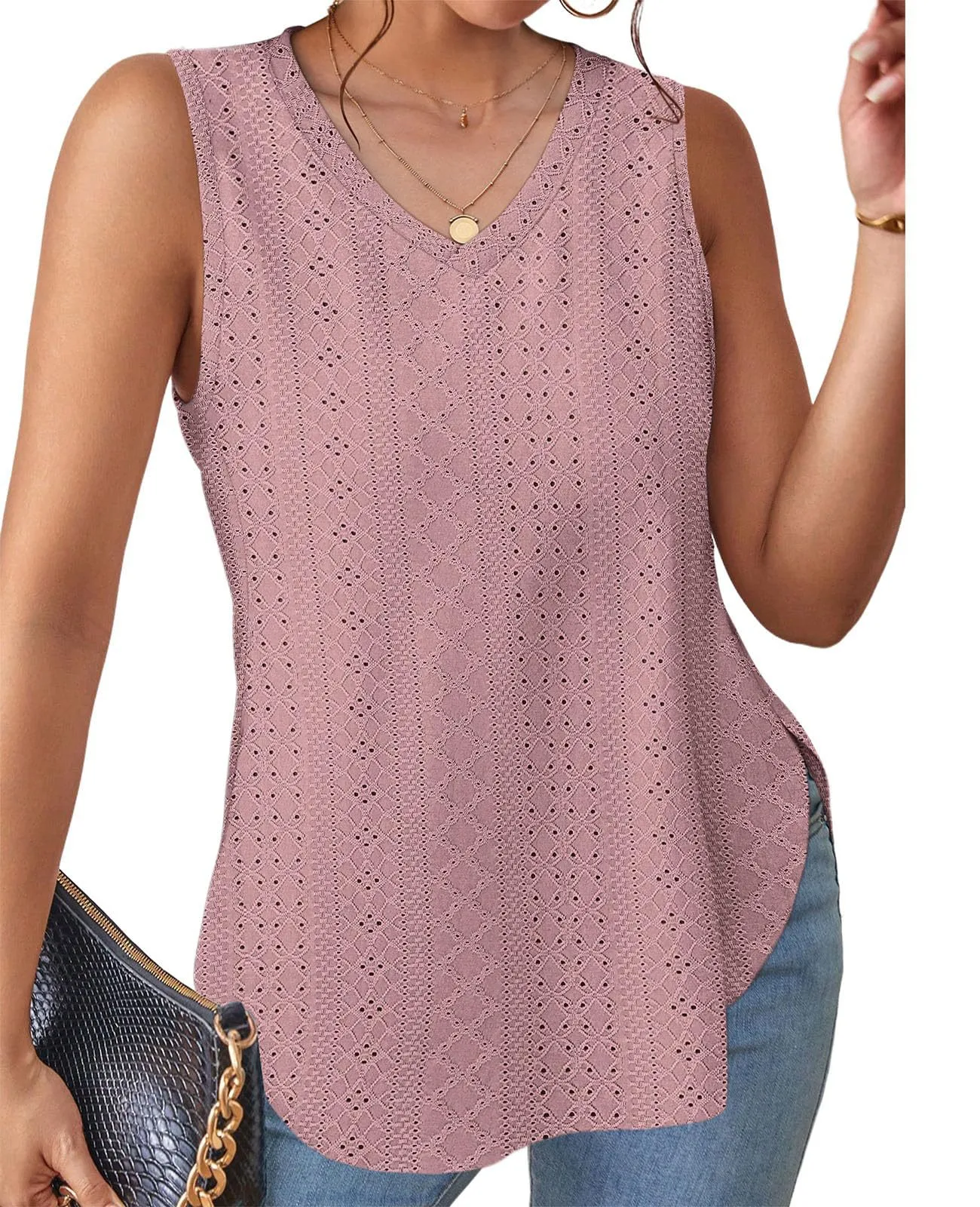 Casual V-neck Sleeveless Hollow T-shirt Women's Summer Spring New Hollow Lace Trim T-shirt Loose Design Commuter Style display picture 5