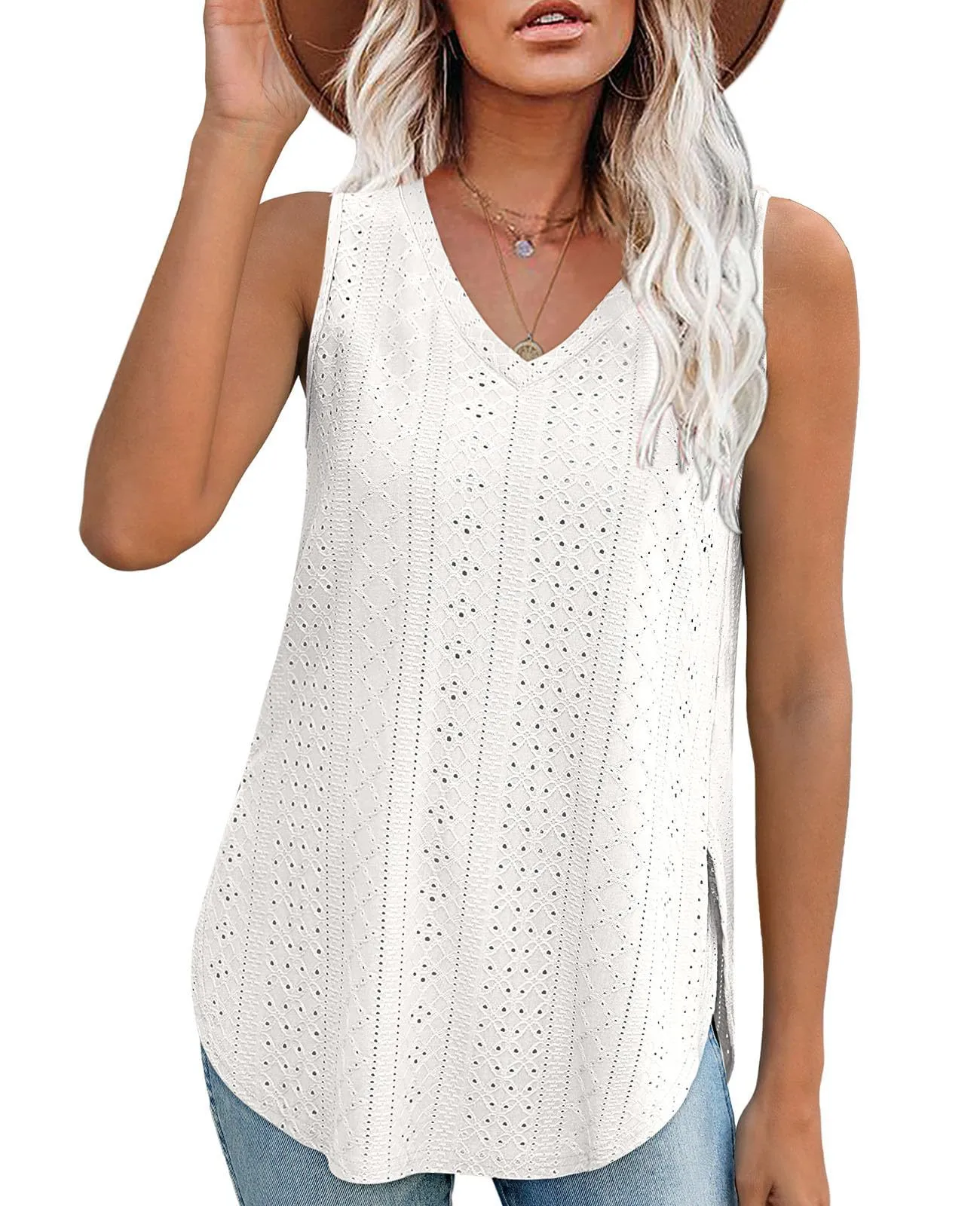 Casual V-neck Sleeveless Hollow T-shirt Women's Summer Spring New Hollow Lace Trim T-shirt Loose Design Commuter Style display picture 12