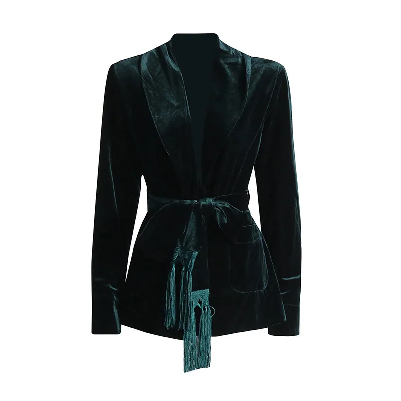 Elegant Slim-Fit Velvet Blazer For Women Early Autumn New Style Waist-Slimming Belt Design Cotton Polyester Long Sleeve display picture 10
