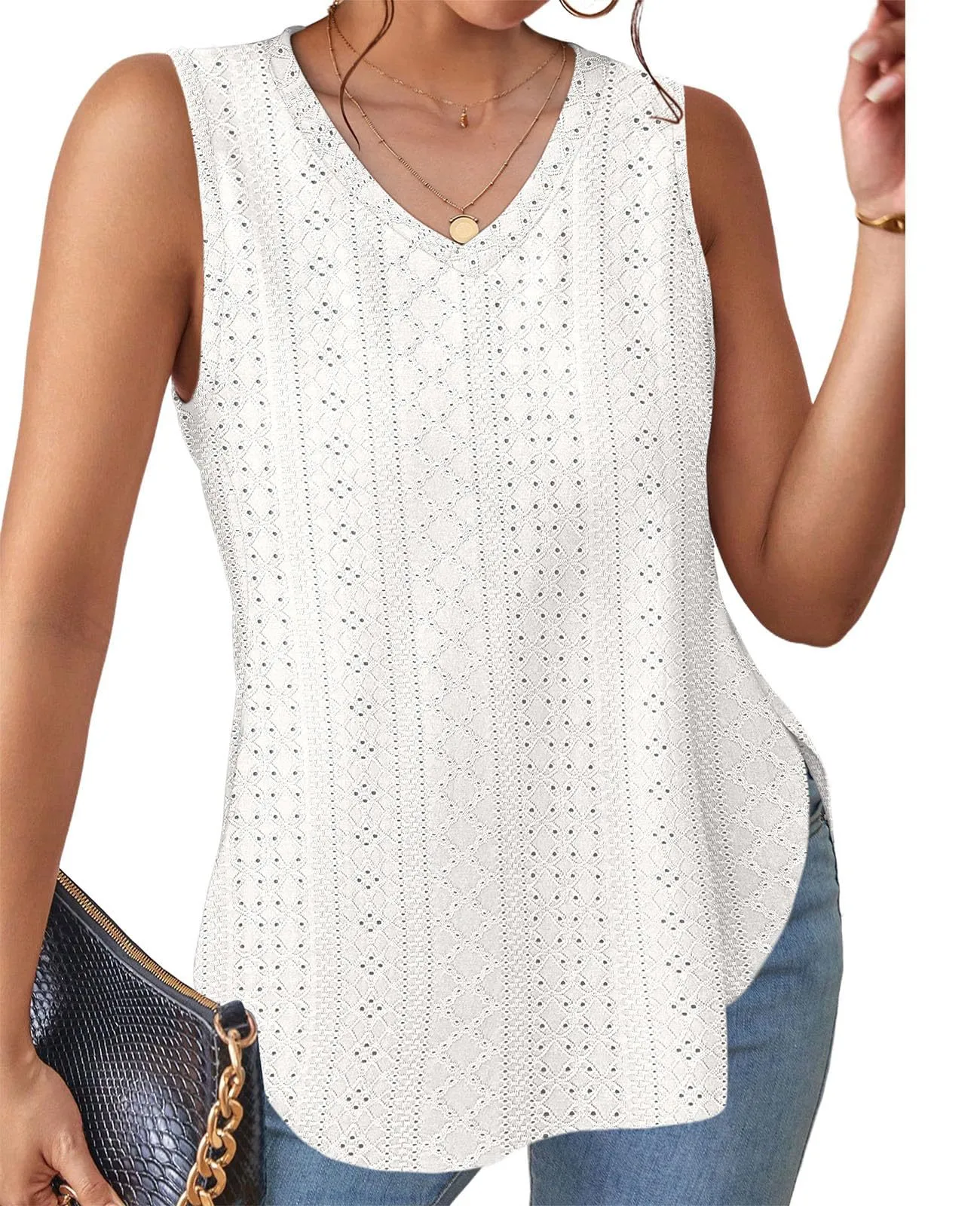 Casual V-neck Sleeveless Hollow T-shirt Women's Summer Spring New Hollow Lace Trim T-shirt Loose Design Commuter Style display picture 13