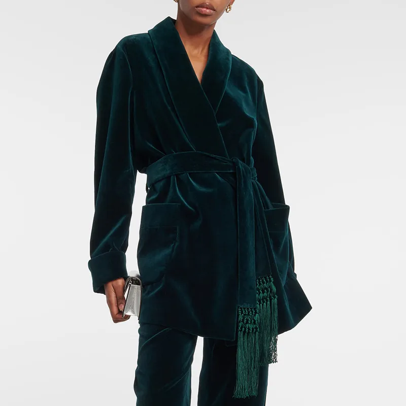 Elegant Slim-Fit Velvet Blazer For Women Early Autumn New Style Waist-Slimming Belt Design Cotton Polyester Long Sleeve display picture 2
