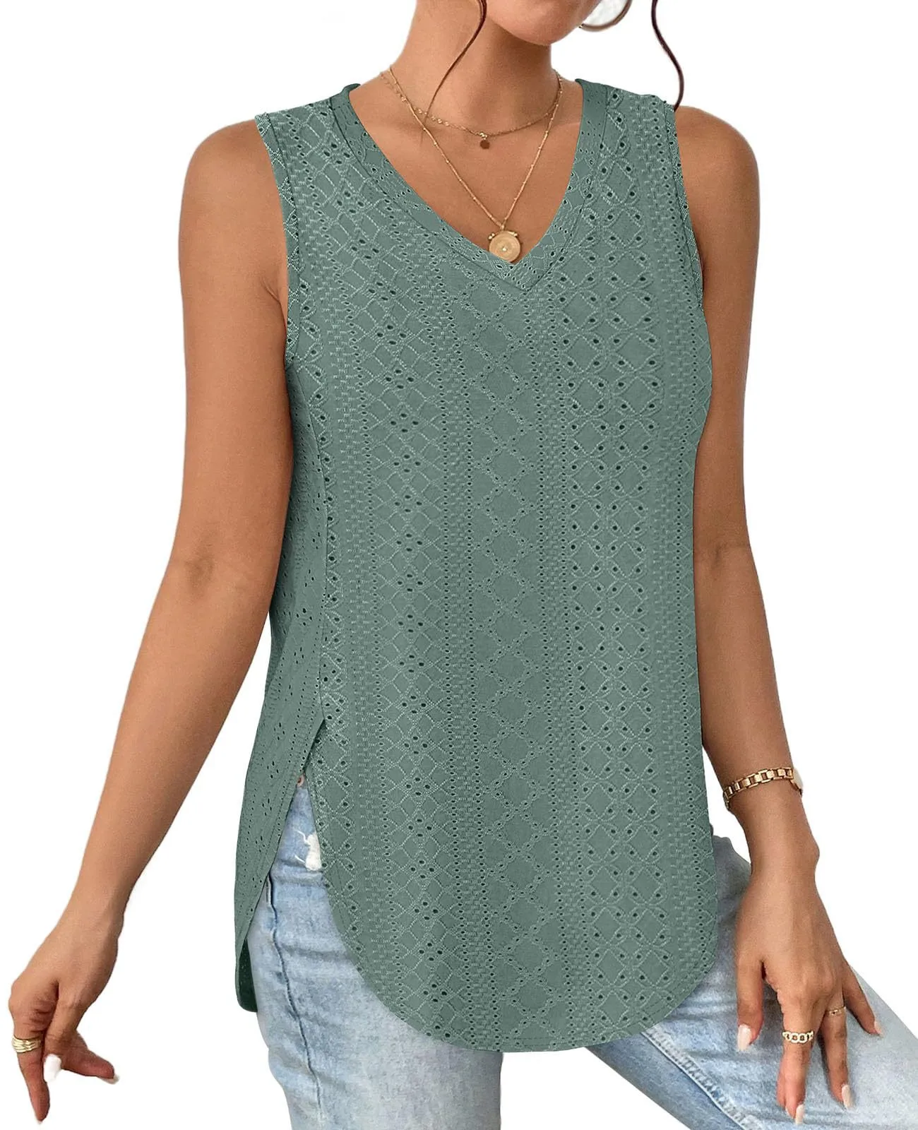 Casual V-neck Sleeveless Hollow T-shirt Women's Summer Spring New Hollow Lace Trim T-shirt Loose Design Commuter Style display picture 15