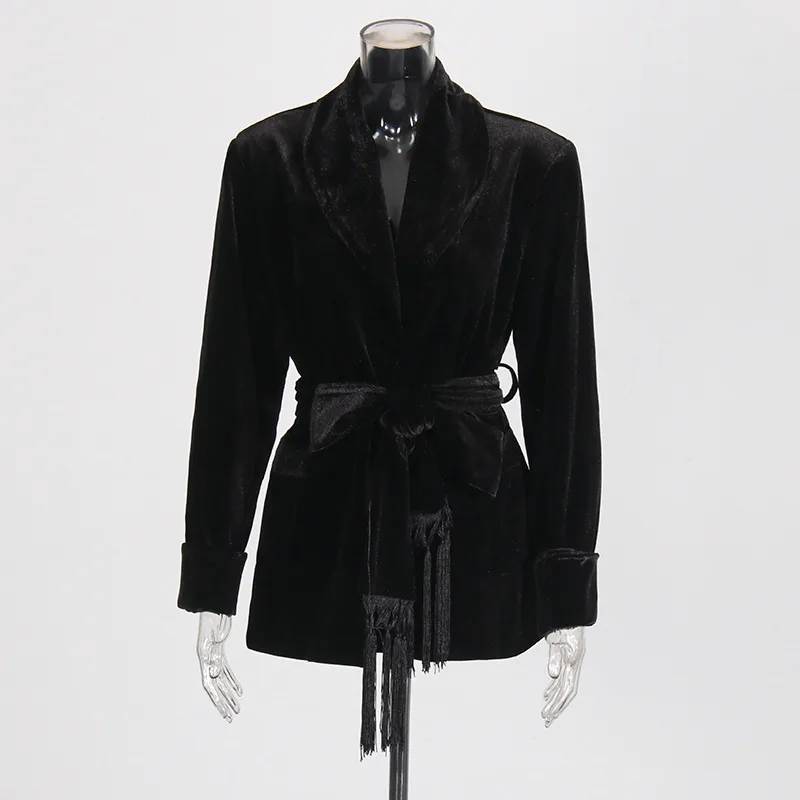 Elegant Slim-Fit Velvet Blazer For Women Early Autumn New Style Waist-Slimming Belt Design Cotton Polyester Long Sleeve display picture 5