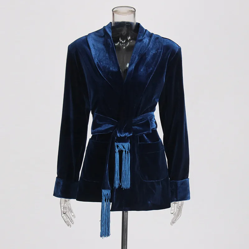 Elegant Slim-Fit Velvet Blazer For Women Early Autumn New Style Waist-Slimming Belt Design Cotton Polyester Long Sleeve display picture 7