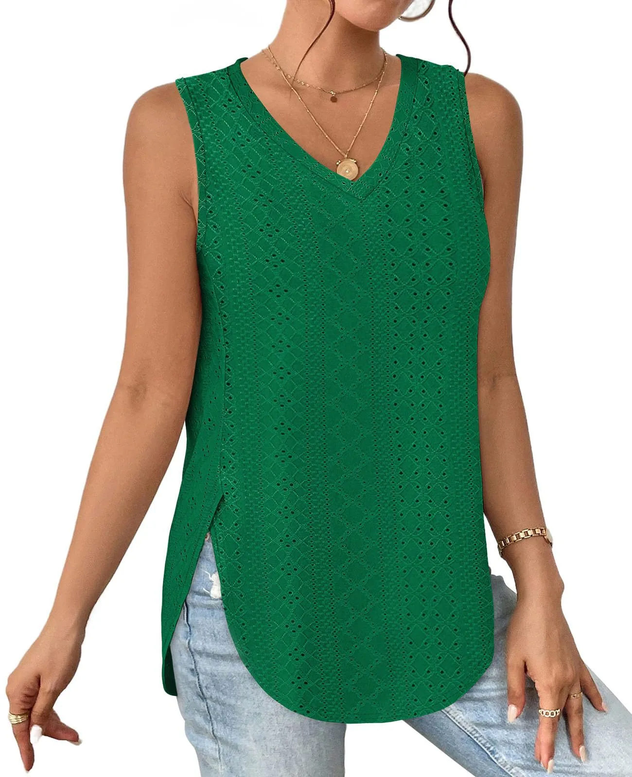 Casual V-neck Sleeveless Hollow T-shirt Women's Summer Spring New Hollow Lace Trim T-shirt Loose Design Commuter Style display picture 19