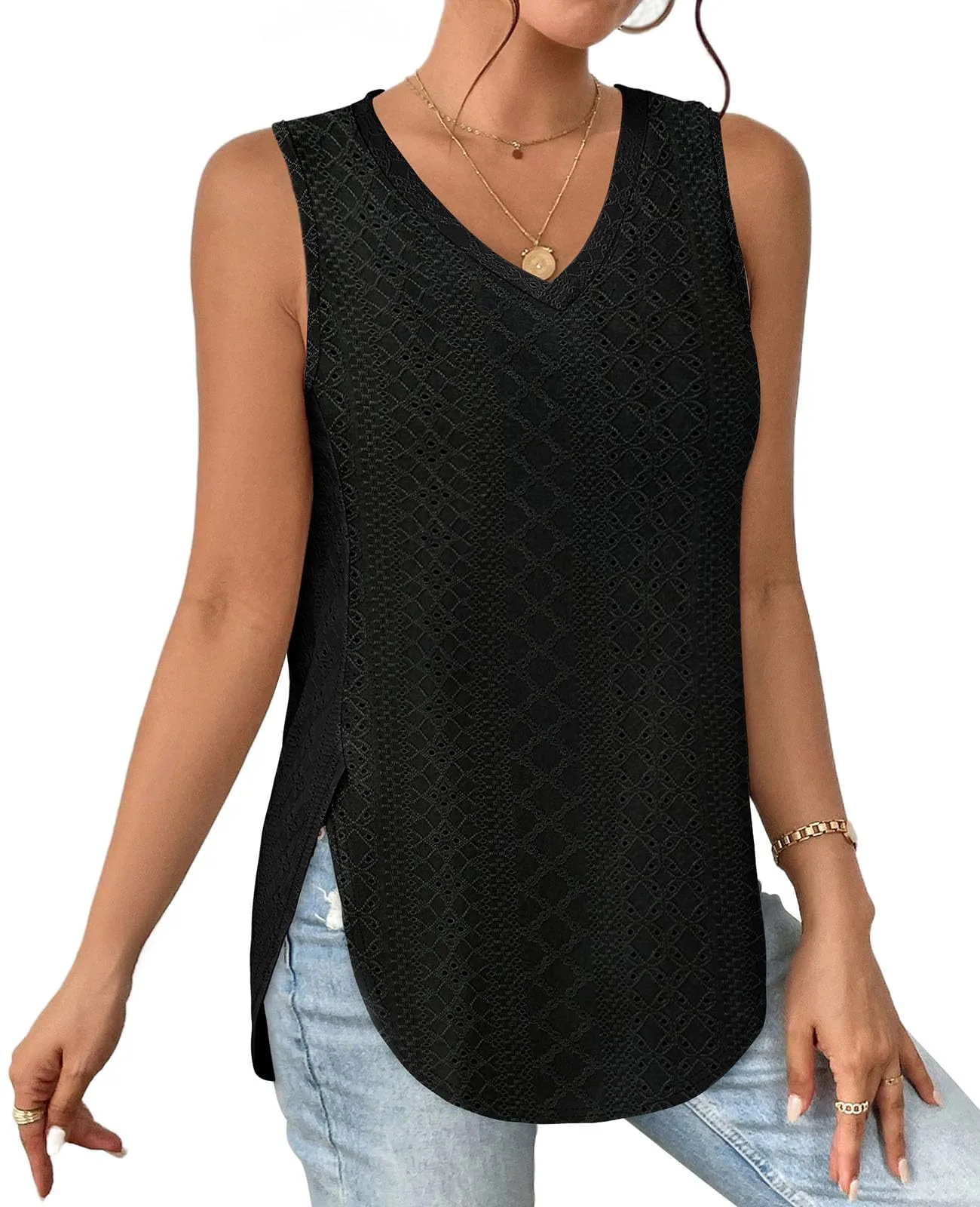 Casual V-neck Sleeveless Hollow T-shirt Women's Summer Spring New Hollow Lace Trim T-shirt Loose Design Commuter Style display picture 23
