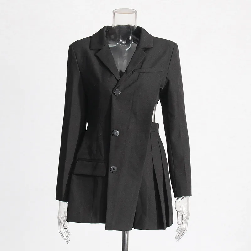 Elegant French Style Suit Dress V Neck Asymmetrical Hollow Out Splicing Design High End Texture Pure Color Long Sleeve Women's Wear display picture 3