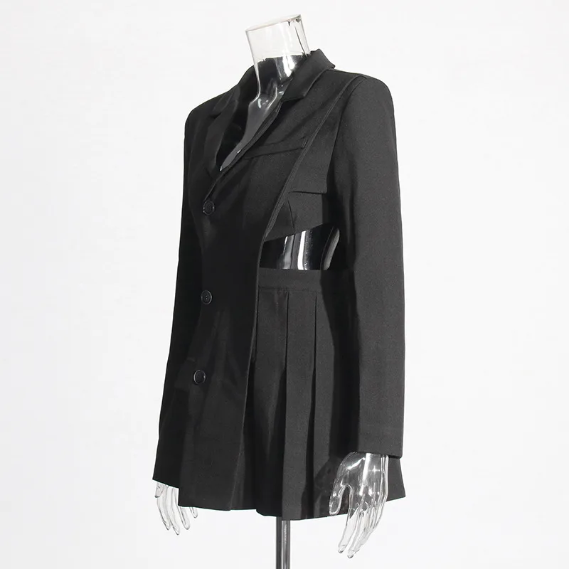 Elegant French Style Suit Dress V Neck Asymmetrical Hollow Out Splicing Design High End Texture Pure Color Long Sleeve Women's Wear display picture 4