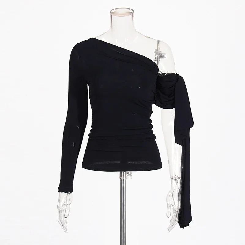 French Sexy Shoulder Bared Knitted Long Sleeve Women's Summer Top Asymmetrical Design Belt Casual Cotton Polyester T-shirt display picture 3