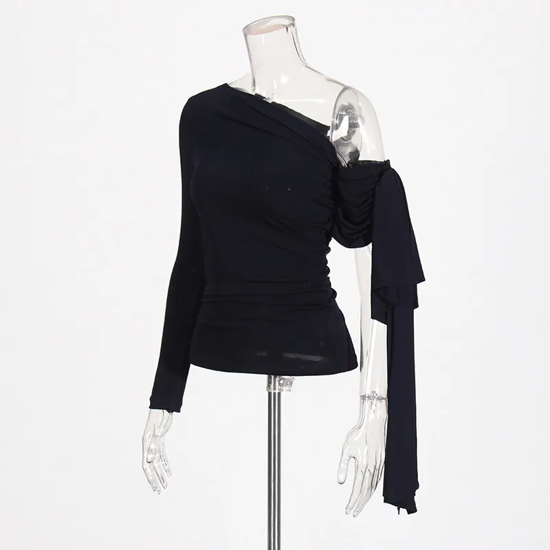 French Sexy Shoulder Bared Knitted Long Sleeve Women's Summer Top Asymmetrical Design Belt Casual Cotton Polyester T-shirt display picture 4