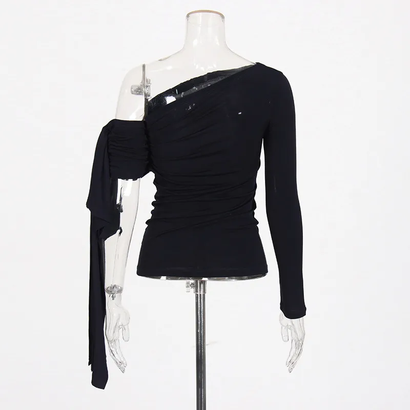 French Sexy Shoulder Bared Knitted Long Sleeve Women's Summer Top Asymmetrical Design Belt Casual Cotton Polyester T-shirt display picture 5
